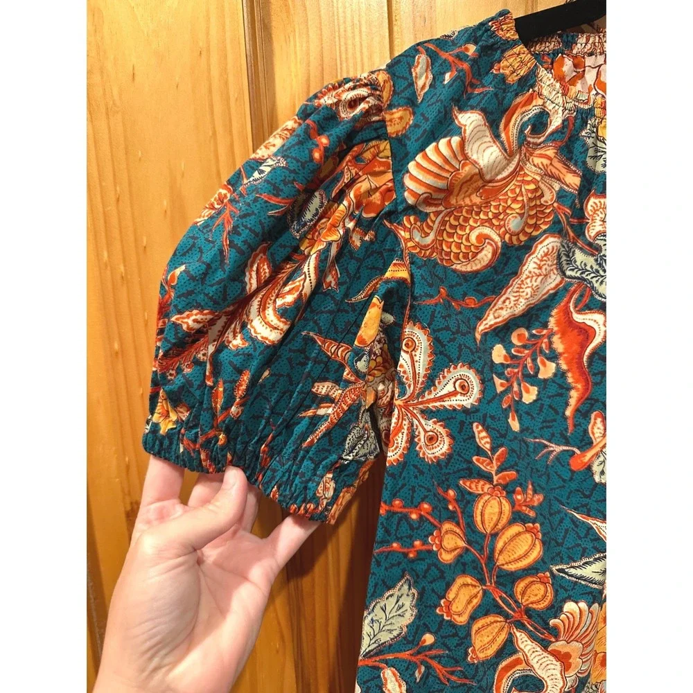Ulla Johnson Frances Top Teal Floral Batik Puff Sleeve Cotton Blouse‎ Size 4